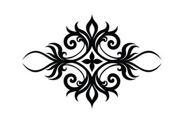 Elegant Black Damask Floral Ornament on White Background.