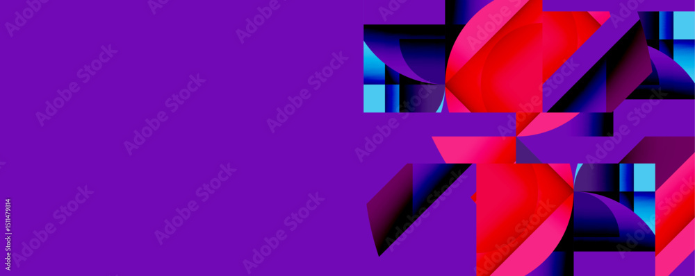 Poster Abstract geometric shapes, vibrant colors. Purple dominates left side, red and blue form complex pattern right. Modern design.