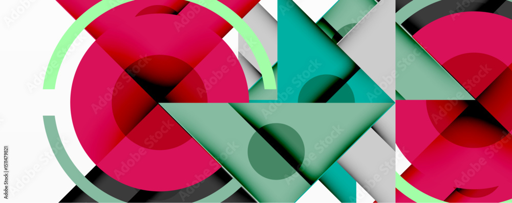 Aufkleber Abstract geometric composition. Overlapping circles, squares create dynamic visual effect. Colors include pink, teal, gray, white. Modern design.