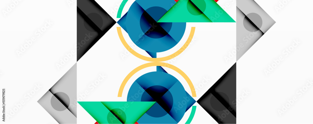 Poster Abstract geometric composition. Circles, triangles, squares overlap creating symmetrical pattern. Blue, green, gray tones dominate white background.