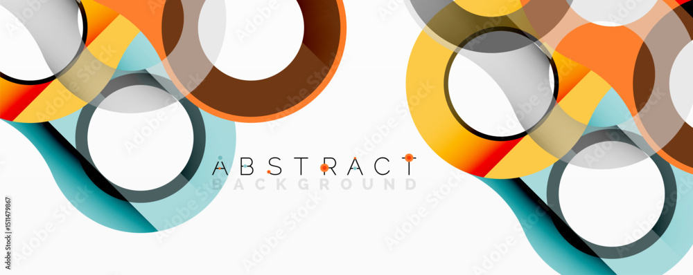Poster modern abstract design features overlapping circles, squares, vibrant colors. clean white background