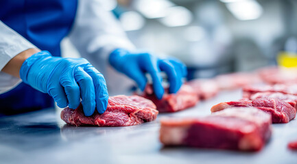A female worker in blue gloves and an apron cuts meat at a food production factory. The close-up photograph is set against a white background, with a real photography style, profes