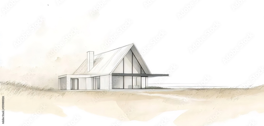 Aufkleber シンプルモダン建築デザイン 水彩画風のモノクロイラスト 白い家と木陰のある風景