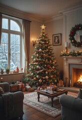 Cozy christmas living room with decorated tree fireplace and gifts holiday season decor