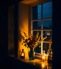 A vase of flowers in front of the window
