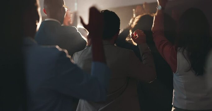 Audience, cheering and applause for event, success or achievement for group in seminar or well done. Clapping, people and celebration for presentation, good news and back of colleagues in workshop