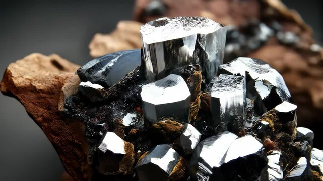 Close-up of shiny black Hematite crystals on rock matrix, highlighting mineral textures and facets, against a blurred brown background.