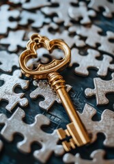Golden key resting on scattered puzzle pieces, inviting mystery and intrigue in a serene indoor setting