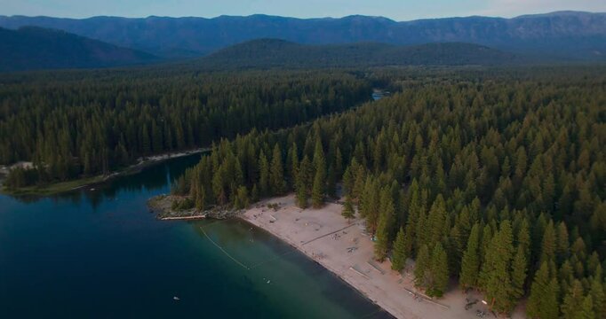 Recreational Beach in Rural Mountain Landscape Drone Shot
