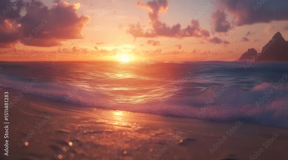 Poster 夕日の水面とビーチの風景 美しいオレンジ色の空と太陽の光が照らす海岸線