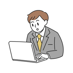 驚いた男性のパソコン作業イラスト