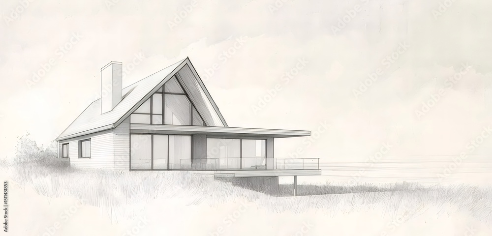 Poster 白黒のモダン建築の風景 広々とした窓と屋根のシンプルなデザインの家 自然の光が差し込む静かな空間