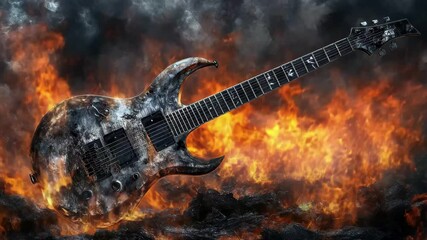 Electric guitar surrounded by flames and smoke in a heavy metal atmosphere, Guitar in heavy metal rock band