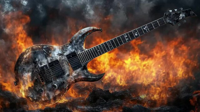 Electric guitar surrounded by flames and smoke in a heavy metal atmosphere, Guitar in heavy metal rock band