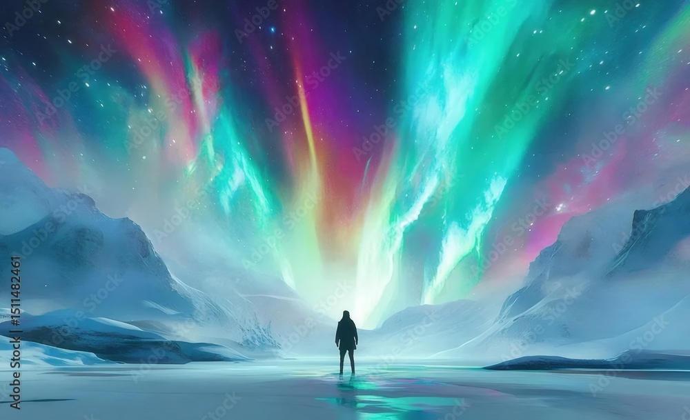 Poster 北極圏のオーロラと人影 冬の雪山と輝く星空 彩り豊かな自然現象