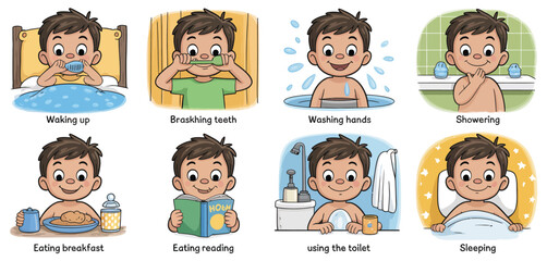Daily Routine of a Young Boy Childrens Illustration