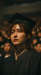 Obraz premium Proud female graduate wearing a gown and cap, celebrating her academic achievement at a university graduation ceremony with an audience