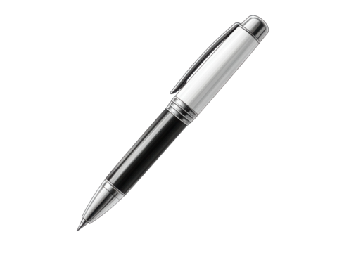 A black and white pen with a silver clip