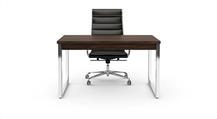 Fototapeta premium Dark wood desk with black leather chair