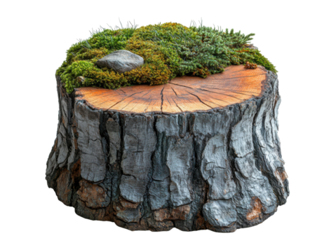 A large tree stump with moss growing on it