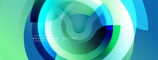 Abstract circular layers, vibrant blues, greens. Modern design element, smooth gradients, dynamic composition. Background suggests technology, innovation.