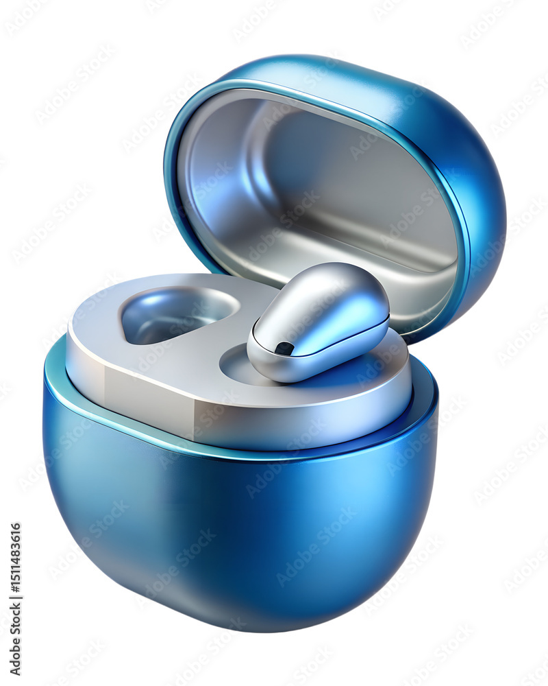 Poster 3d rendered wireless earbuds in a glossy blue charging case opened showing a realistic design on tra