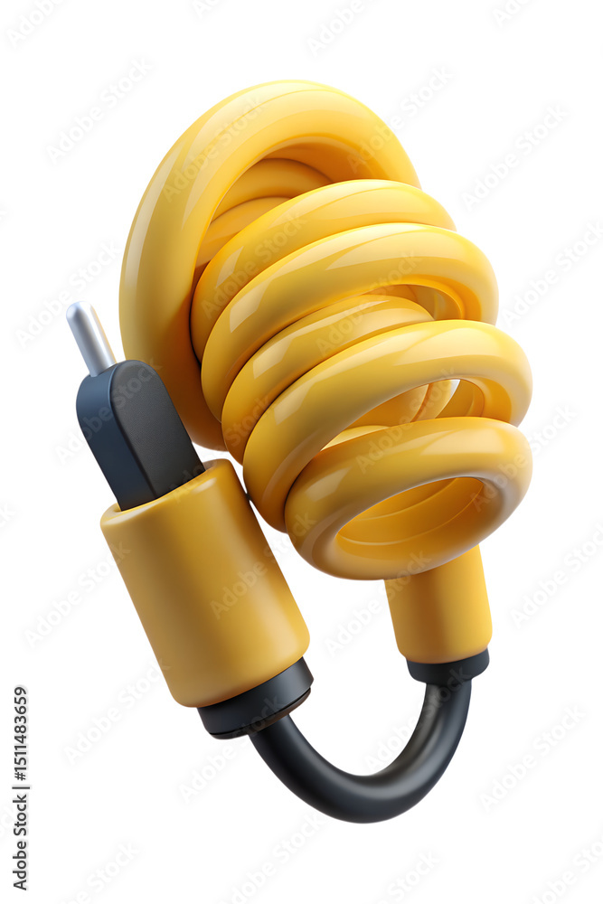 Poster 3d rendering of a yellow coiled cable with plug connector on a black transparent background