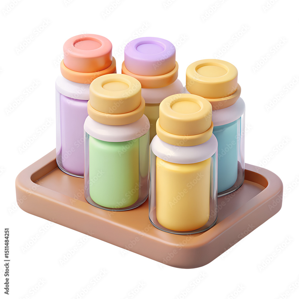 Poster a collection of colorful pastel-colored 3d plastic-style bottles arranged on a tray against a transp
