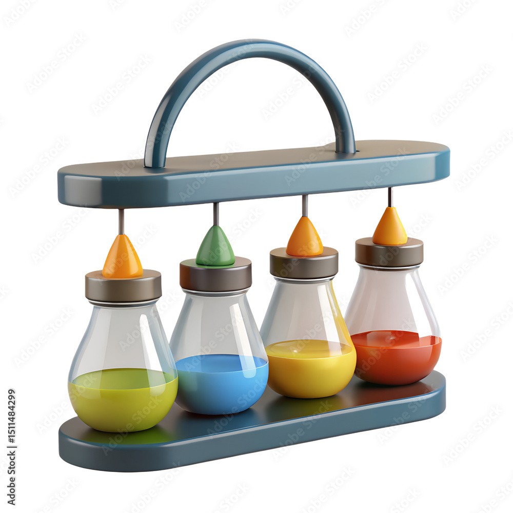 Poster a colorful 3d rendered plastic-style icon displaying four bottles of paint with different primary co