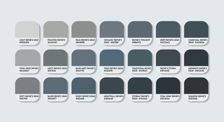 Core Payne’s Gray Color Palette. Dark grayish Tones Swatch Chart with HEX Codes and Color Names. Soft and Smoky Gray Variants Infused Dark and Atmospheric Payne’s Gray Tones Tone Palette. Gray Colors