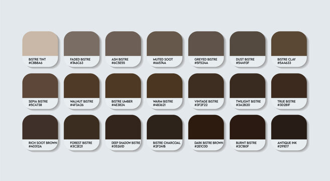 Bistre Color Palette. Dark grayish brown Tones Swatch Chart with HEX Codes and Color Names. Earthy and Organic Variants Infused Bistre Tone Palette. wood painting color brown Variants Color Palette