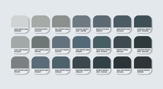 Core Payne’s Gray Color Palette. Dark grayish Tones Swatch Chart with HEX Codes and Color Names. Soft and Smoky Gray Variants Infused Dark and Atmospheric Payne’s Gray Tones Tone Palette. Gray Colors