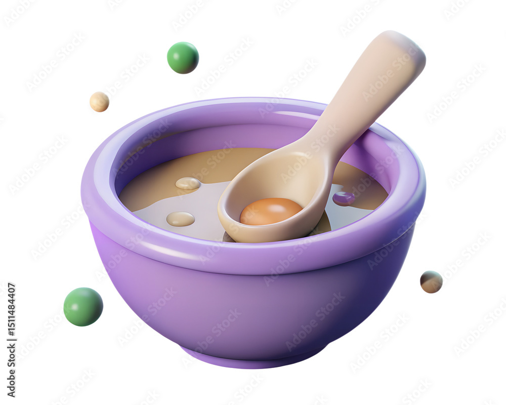 Poster a creatively rendered 3d plastic-style icon of a bowl of soup with a spoon resting inside on a trans