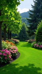 Obraz premium Serene landscape design featuring lush greenery, vibrant flowers, and meticulously manicured lawns A picturesque scene perfect for relaxation and tranquility , nature, colorful, sunlight