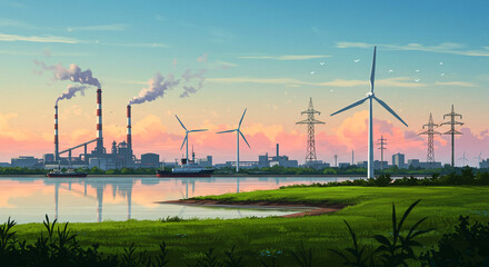Wind turbines in a field at sunset create a powerful industrial landscape of renewable energy against the blue sky