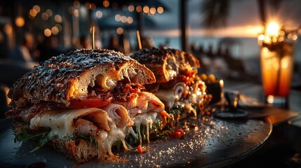 Delicious Turkey Sandwich on Wooden Table with Ocean Sunset Backdrop – Relaxing Beachside Dining Scene, 32k Resolution
