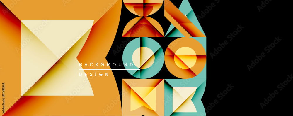 Poster abstract geometric shapes overlap, creating vibrant design. warm orange, teal, beige dominate compos