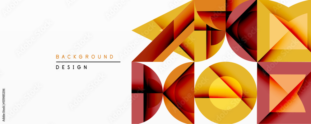 Poster Abstract geometric composition. Warm colors dominate, featuring overlapping triangles, circles, squares. Modern design evokes depth, texture, visual interest. Minimalist aesthetic.