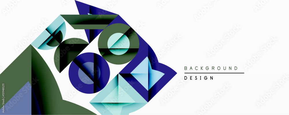 Poster Abstract geometric composition. Overlapping shapes create dynamic visual effect. Blue, green, dark tones dominate design. Minimalist style, modern aesthetic. Clean lines, sharp angles present.
