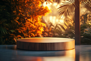 Obraz premium Wooden round podium in a tropical setting.