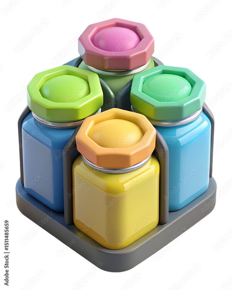 Poster a vibrant 3d render featuring colorful jars with hexagonal lids arranged in a visually appealing com