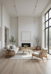 Fototapeta premium Modern living room design ideas: minimalist interior with fireplace and natural light