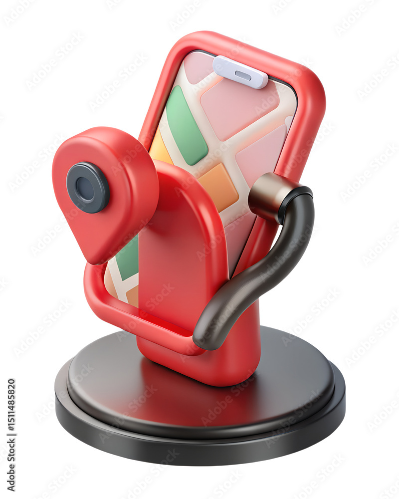 Poster a vibrant 3d rendered illustration showcasing a smartphone with a map application and location pin i