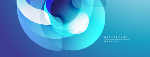 Abstract blue design features overlapping translucent shapes. Smooth gradients create dynamic visual flow. Modern background element.