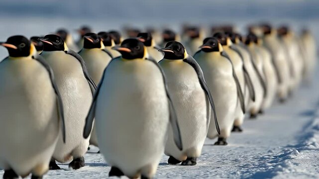 Marching penguins in the frozen landscapes of Antarctica on a sunny day