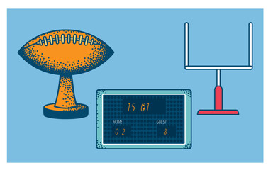 Vector illustration of American football elements: a trophy with a football, a scoreboard displaying game information, and a field goal post