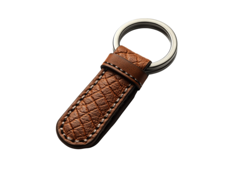 A brown leather key chain with a silver clasp