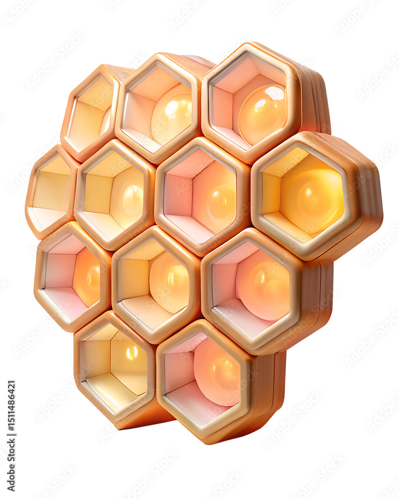 Poster a visually stunning 3d rendering of a honeycomb structure composed of hexagonal cells with glowing s
