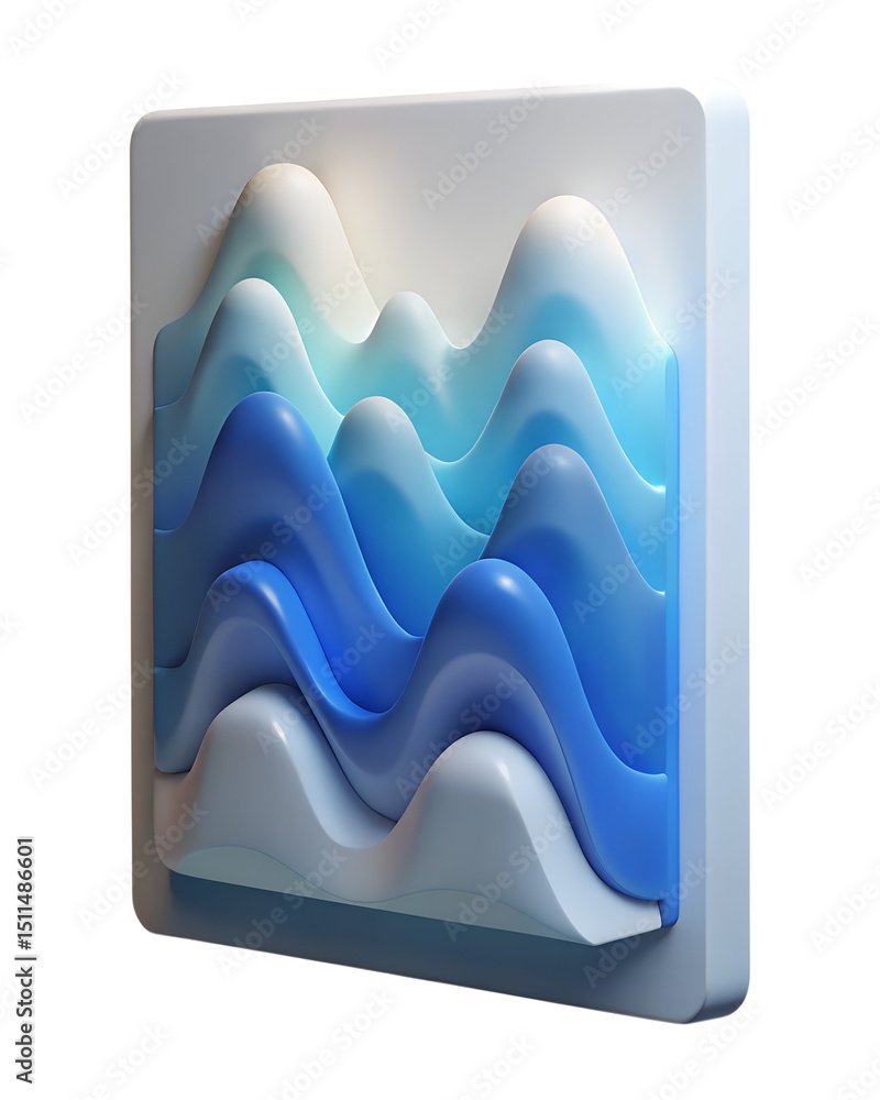 Poster abstract 3d render of layered blue and white wavy forms in a plastic-style design representing flow 