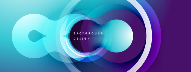 Abstract design features overlapping circles, gradients. Blue, purple hues create modern visual effect. Text reads background design.